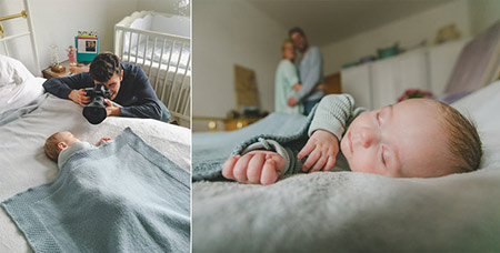 Babyfotograf Vladi fotografiert ein schlafendes Baby auf dem Bett