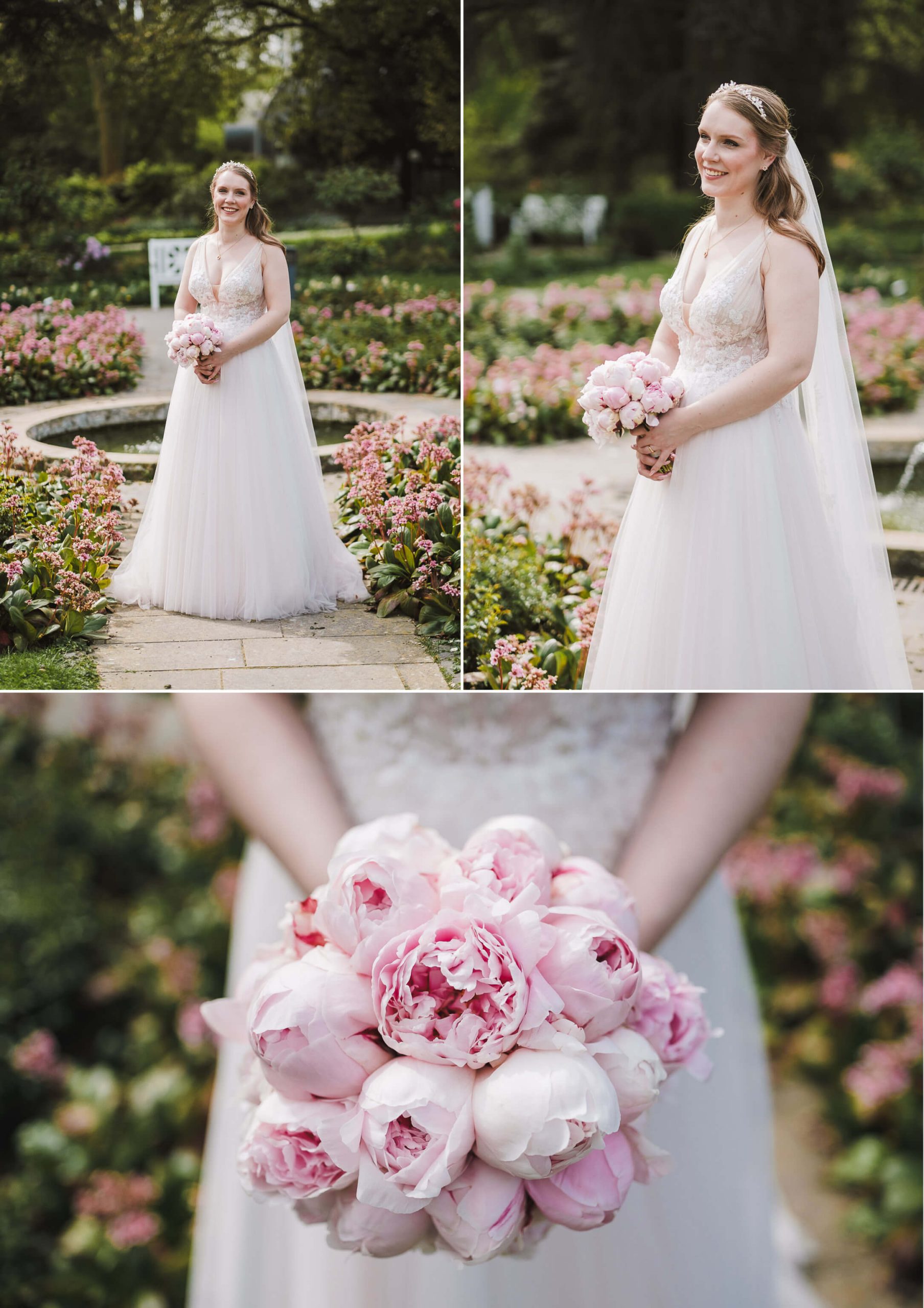 braut hält brautstrauß nach der hochzeit im palmengarten vor haus rosenbrunn